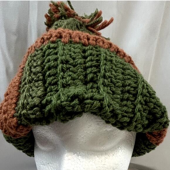 Crochet large green and brown stocking hat cap handmade nwot unisex 13" x 12" - Picture 3 of 8
